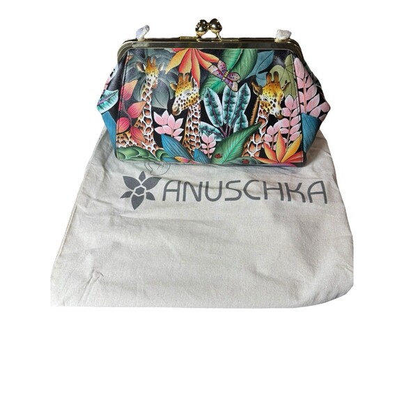 Anuschka Jungle Hand-Painted Leather Kiss Lock Clutch Crossbody Shoulder Bag - Picture 1 of 7